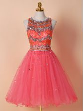 Best Selling Scoop Knee Length Zipper Prom Party Dress Watermelon Red for Prom with Beading
