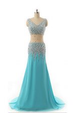  Aqua Blue A-line Beading Prom Dress Zipper Chiffon Sleeveless Asymmetrical