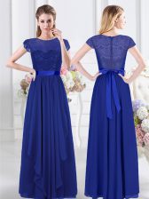  Scoop Floor Length Royal Blue Vestidos de Damas Chiffon Short Sleeves Lace and Belt
