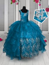 Ruffled Straps Sleeveless Lace Up Little Girl Pageant Dress Aqua Blue Organza