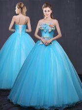 Fine Baby Blue Sleeveless Floor Length Appliques Lace Up Sweet 16 Quinceanera Dress