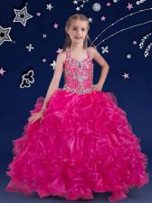 Super Halter Top Fuchsia Sleeveless Beading and Ruffles Floor Length Little Girl Pageant Dress