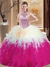 Designer Multi-color Halter Top Lace Up Beading and Ruffles Quinceanera Gowns Sleeveless
