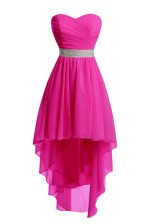  Sleeveless High Low Belt Lace Up Prom Evening Gown with Hot Pink