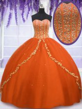 Delicate Sweetheart Sleeveless Lace Up Quinceanera Gowns Orange Red Tulle