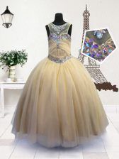 Beauteous Scoop Light Yellow Sleeveless Floor Length Beading Zipper Little Girl Pageant Dress