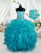  Aqua Blue Little Girl Pageant Dress Party and Wedding Party with Beading and Ruffles Spaghetti Straps Sleeveless Lace Up