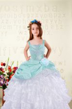 Hot Sale Floor Length Aqua Blue Little Girls Pageant Gowns Organza Sleeveless Beading and Ruffled Layers and Hand Made Flower