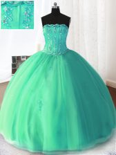 Luxurious Floor Length Turquoise Sweet 16 Quinceanera Dress Tulle Sleeveless Beading and Appliques