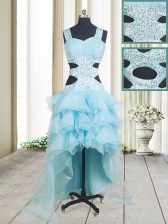 Fashionable Straps Sleeveless Organza Prom Dress Beading and Ruffled Layers Criss Cross