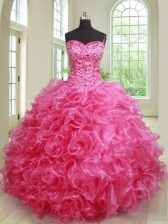 Fantastic Hot Pink Ball Gowns Sweetheart Sleeveless Organza Floor Length Lace Up Beading and Ruffles Quince Ball Gowns