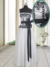 Wonderful White And Black Evening Dress Prom and Party with Lace and Bowknot Strapless Sleeveless Zipper