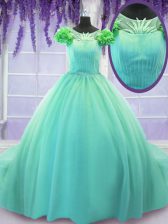 Glamorous Scoop Tulle Short Sleeves Sweet 16 Quinceanera Dress Court Train and Hand Made Flower