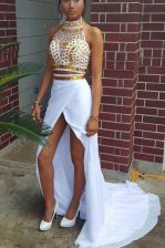  With Train Two Pieces Sleeveless White Prom Gown Sweep Train Zipper