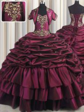 Pick Ups Burgundy Sleeveless Taffeta Brush Train Lace Up Quinceanera Dresses for Military Ball and Sweet 16 and Quinceanera
