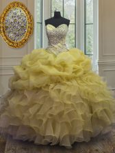 Graceful Yellow Sleeveless Beading and Ruffles and Pick Ups Floor Length Quinceanera Dresses