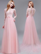 Nice Tulle V-neck 3 4 Length Sleeve Brush Train Zipper Lace and Bowknot Prom Gown in Baby Pink