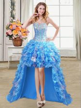 Custom Fit Sleeveless Lace Up High Low Beading and Ruffles and Sequins Prom Dresses