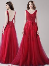 Amazing Straps Wine Red Backless Beading and Appliques and Belt Sleeveless Floor Length