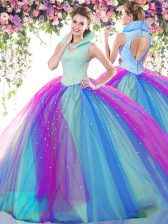Edgy High-neck Sleeveless Backless Sweet 16 Dresses Multi-color Tulle