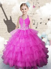 Customized Halter Top Sleeveless Lace Up Floor Length Beading and Ruffled Layers Girls Pageant Dresses