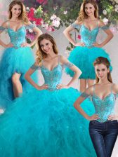  Four Piece Off the Shoulder Teal Ball Gowns Beading and Ruffles Quinceanera Dress Lace Up Tulle Sleeveless Floor Length