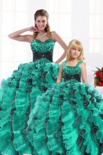  Turquoise Lace Up Sweet 16 Dress Beading and Appliques and Ruffles Sleeveless Floor Length