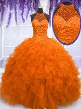 Dramatic Orange Red Lace Up High-neck Beading and Ruffles Quinceanera Dress Organza Sleeveless