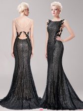  Mermaid Square With Train Clasp Handle Evening Dress Black for Prom with Appliques and Sequins Brush Train