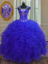  Straps Blue Cap Sleeves Beading and Ruffles and Sequins High Low Sweet 16 Dress