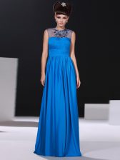  Floor Length Blue Prom Evening Gown Scoop Sleeveless Zipper