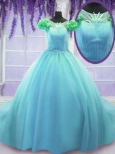 Delicate Blue Ball Gowns Scoop Short Sleeves Tulle Court Train Lace Up Hand Made Flower Vestidos de Quinceanera