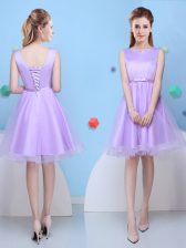 Modern A-line Quinceanera Court of Honor Dress Lavender Scoop Tulle Sleeveless Knee Length Lace Up