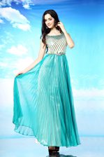 Vintage Scoop Pleated Turquoise Sleeveless Chiffon Side Zipper Prom Evening Gown for Prom and Party