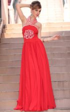  Halter Top Coral Red Side Zipper Prom Evening Gown Embroidery Sleeveless Floor Length