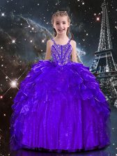  Beading and Ruffles Little Girl Pageant Gowns Dark Purple Lace Up Sleeveless Floor Length