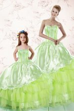 Suitable Yellow Green Ball Gowns Sweetheart Sleeveless Organza Floor Length Lace Up Embroidery and Ruffled Layers Quinceanera Gowns