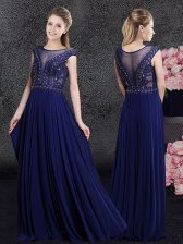 Flirting Scoop Navy Blue Cap Sleeves Beading and Appliques Floor Length Prom Dress