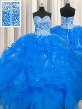 Visible Boning Beaded Bodice Blue Sweetheart Neckline Beading and Ruffles Quinceanera Dresses Sleeveless Lace Up