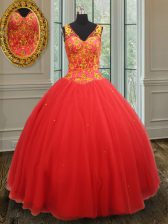 Dynamic Rust Red Sleeveless Floor Length Beading and Appliques Zipper Quinceanera Gowns