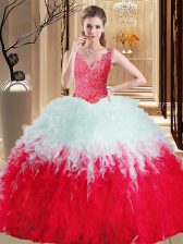 Trendy White And Red Sleeveless Floor Length Lace and Appliques and Ruffles Zipper Ball Gown Prom Dress