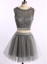 Customized Scoop Mini Length Zipper Prom Dresses Grey for Prom with Lace