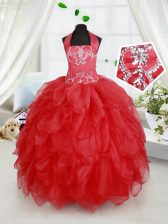  Halter Top Beading and Ruffles Little Girl Pageant Gowns Red Lace Up Sleeveless Floor Length