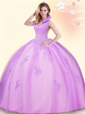  Tulle High-neck Sleeveless Backless Beading and Appliques Vestidos de Quinceanera in Lilac