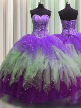 Decent Visible Boning Sleeveless Tulle Floor Length Lace Up Quinceanera Gown in Multi-color with Beading and Ruffles and Sequins