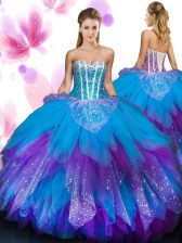 Enchanting Ruffled Ball Gowns 15th Birthday Dress Multi-color Sweetheart Tulle Sleeveless Floor Length Lace Up