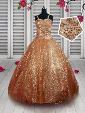  Rust Red Sequined Lace Up Straps Sleeveless Floor Length Kids Pageant Dress Beading and Sequins