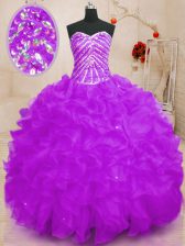 Fantastic Purple Sweetheart Lace Up Beading and Ruffles and Sequins Ball Gown Prom Dress Sleeveless