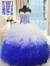 Inexpensive Blue And White Ball Gowns Sweetheart Sleeveless Organza Floor Length Lace Up Beading and Ruffles Vestidos de Quinceanera