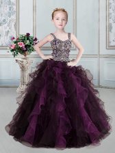 Pretty Straps Floor Length Lace Up Child Pageant Dress Purple for Quinceanera and Wedding Party with Beading and Ruffles